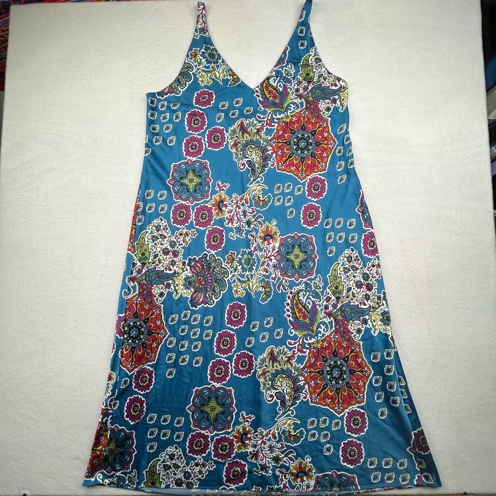 Natori Paisley Medallion Floral Print Slip Dress Teal Women’s XL